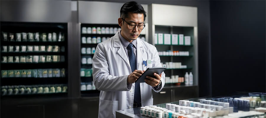 AI generated image of a pharmacist using a tablet.