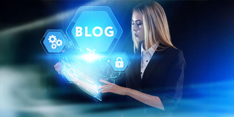 AI image depicting woman and blog graphics.