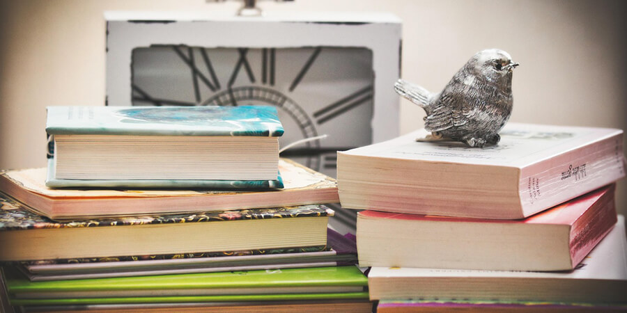 Pile of books with a metal model wren sitting on top.