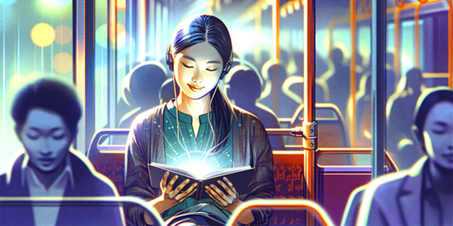 Drawing of a girl reading on public transport.