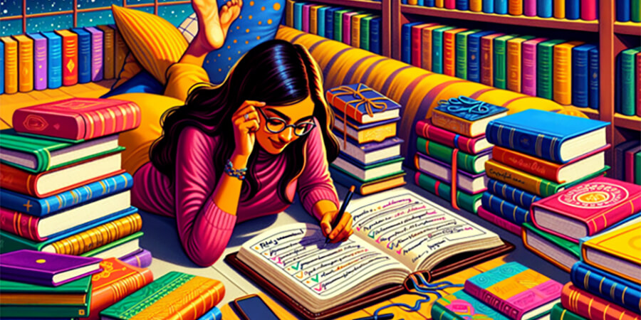 Drawing of girl making notes surrounded by books.