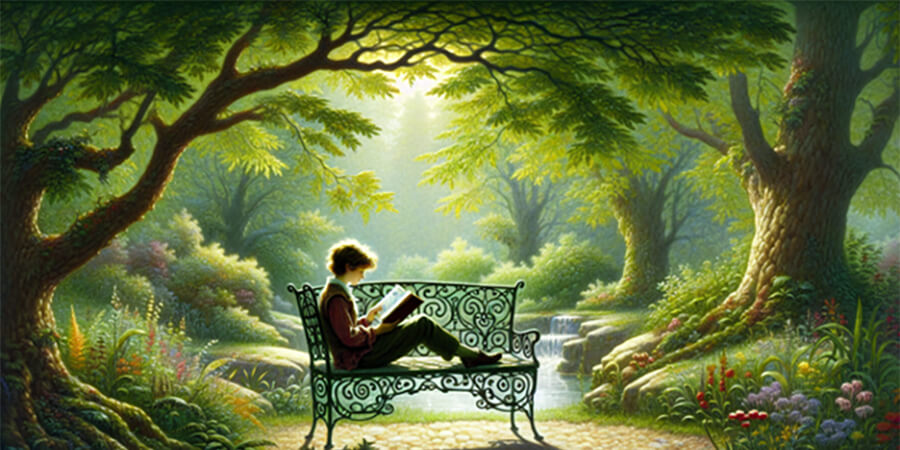 Drawing of a person reading on a bench in a leafy glade.