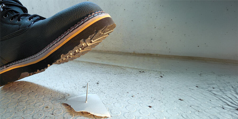 A boot about to step on a pin and cause injury.