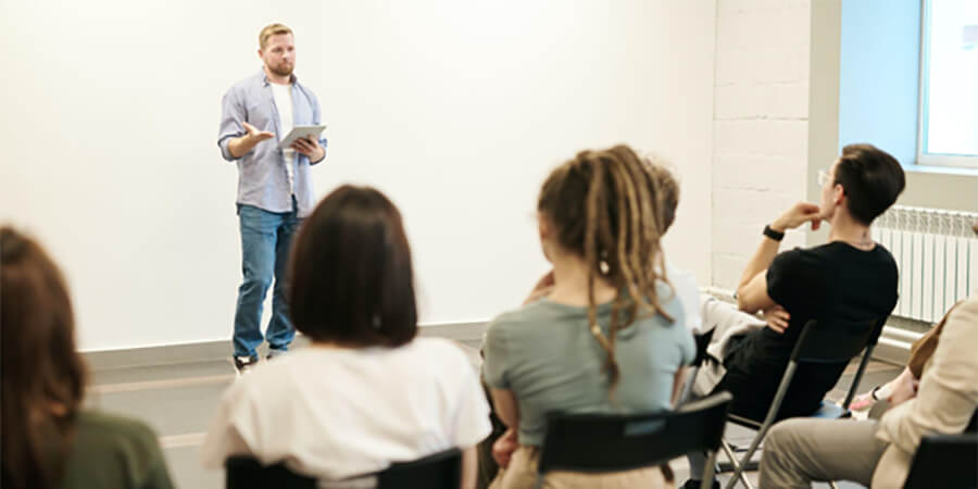 Captivating presentation in front of small group.