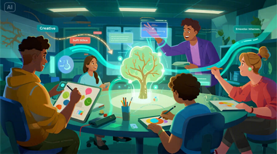 AI generated image of a group of people having completed the creative process.