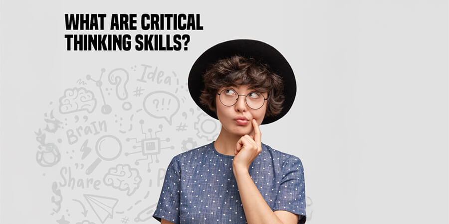 Teen wearing glasses and looking puzzled, gazing at the text: 'What are Critical Thinking Skills?'