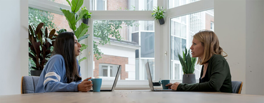 Two women with laptops having a meeting across a desk.