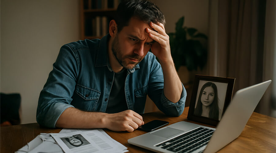 Man with his head in his hand as he searches for a missing person.