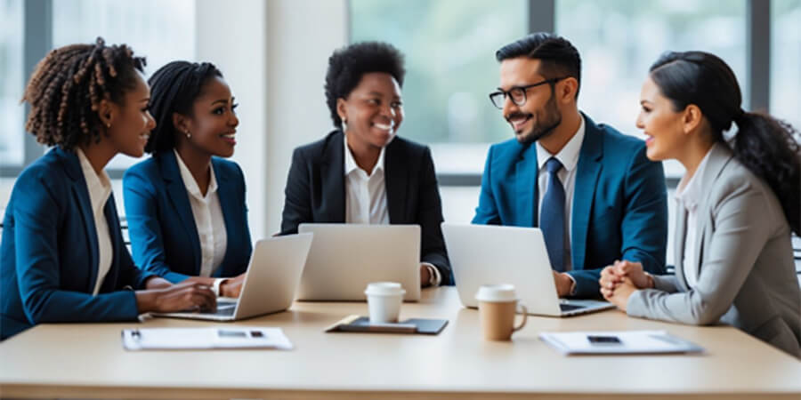Group of office workers sitting around a table - AI generated.