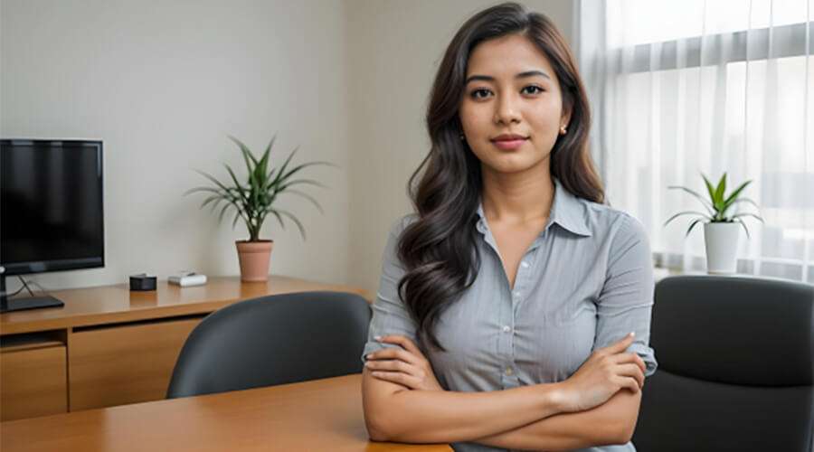Woman smiling in an office with arms crossed.
