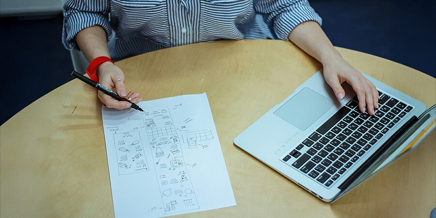 Hand drawn notes and laptop.