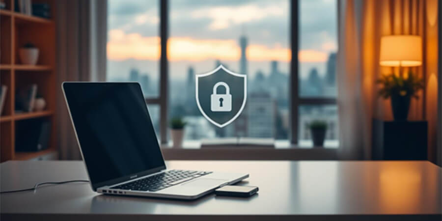 Laptop on a desk with a locked padlock icon.