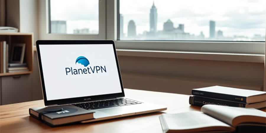 Laptop on a desk with PlanetVPN on the screen.