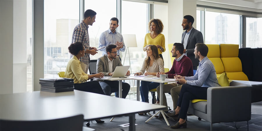Group of business people having a meeting in an office with big windows.