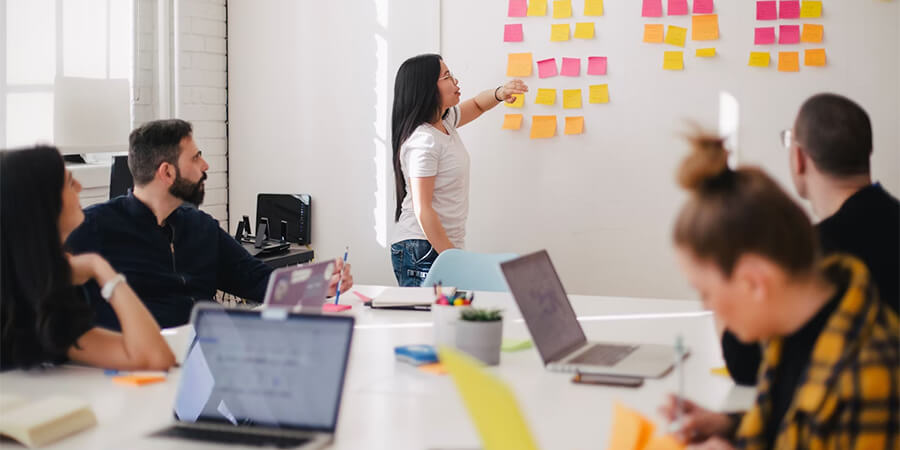 Group of people in an office with Post-It notes on the wall.