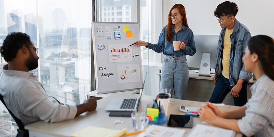 Project management team meeting with a white board.