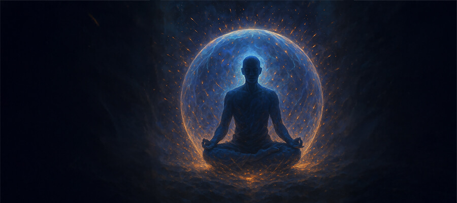 AI generated image of a man meditating under a force field.