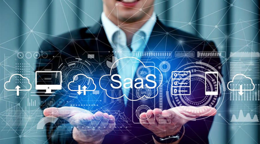 Male figure with arms outstretched with icons floating above indicating SaaS and cloud storage.