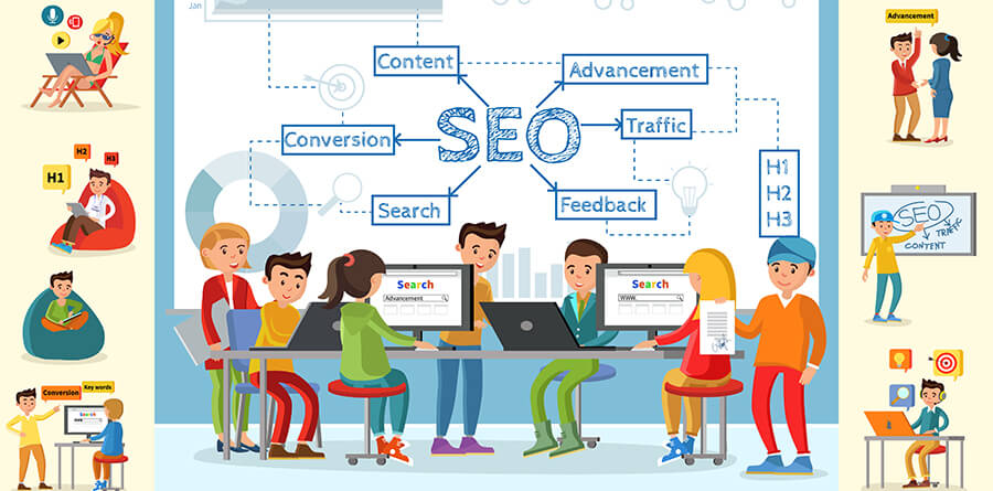 SEO montage cartoon drawing.