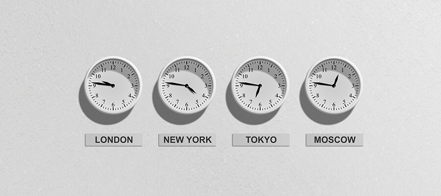 Clocks showing different time zones.