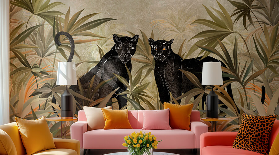 Large wall mural featuring panthers.