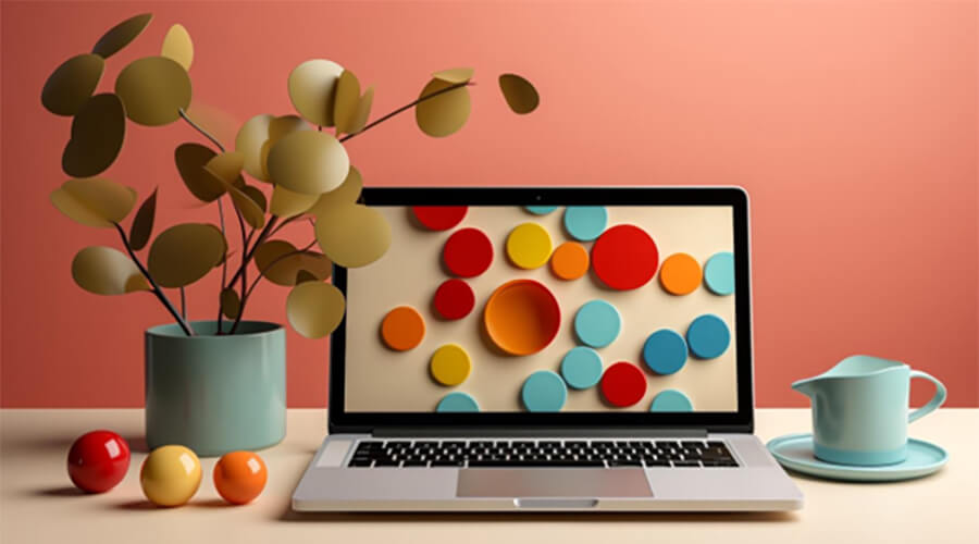 Website colour schemes. Laptop with colour dots.