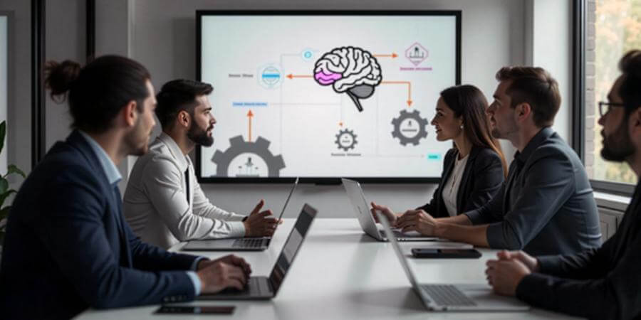 Group of people sitting around a desk with laptops.