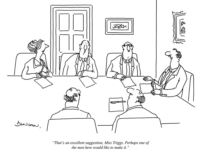 Punch Cartoon with caption: 'That's an excellent suggestion, Miss Triggs. Perhaps one of the men here would like to make it.'
