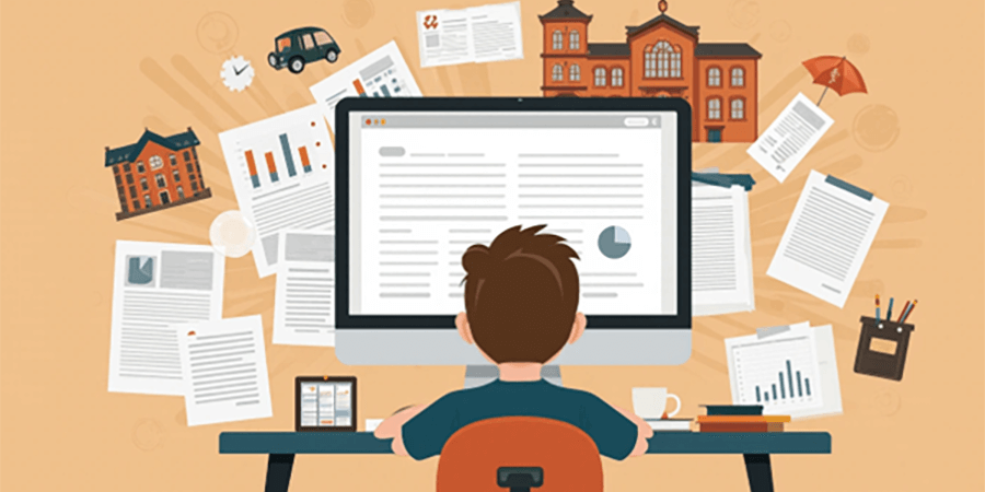 Vector of a person using a computer to research buying a house.