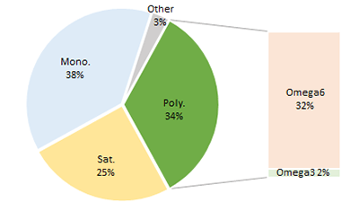 Rice Bran Oil. Fat type content proportions. Pie chart to show fat proportions of Rice Bran Oil
