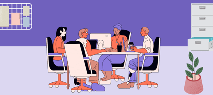 Team of people working around a desk - vector.